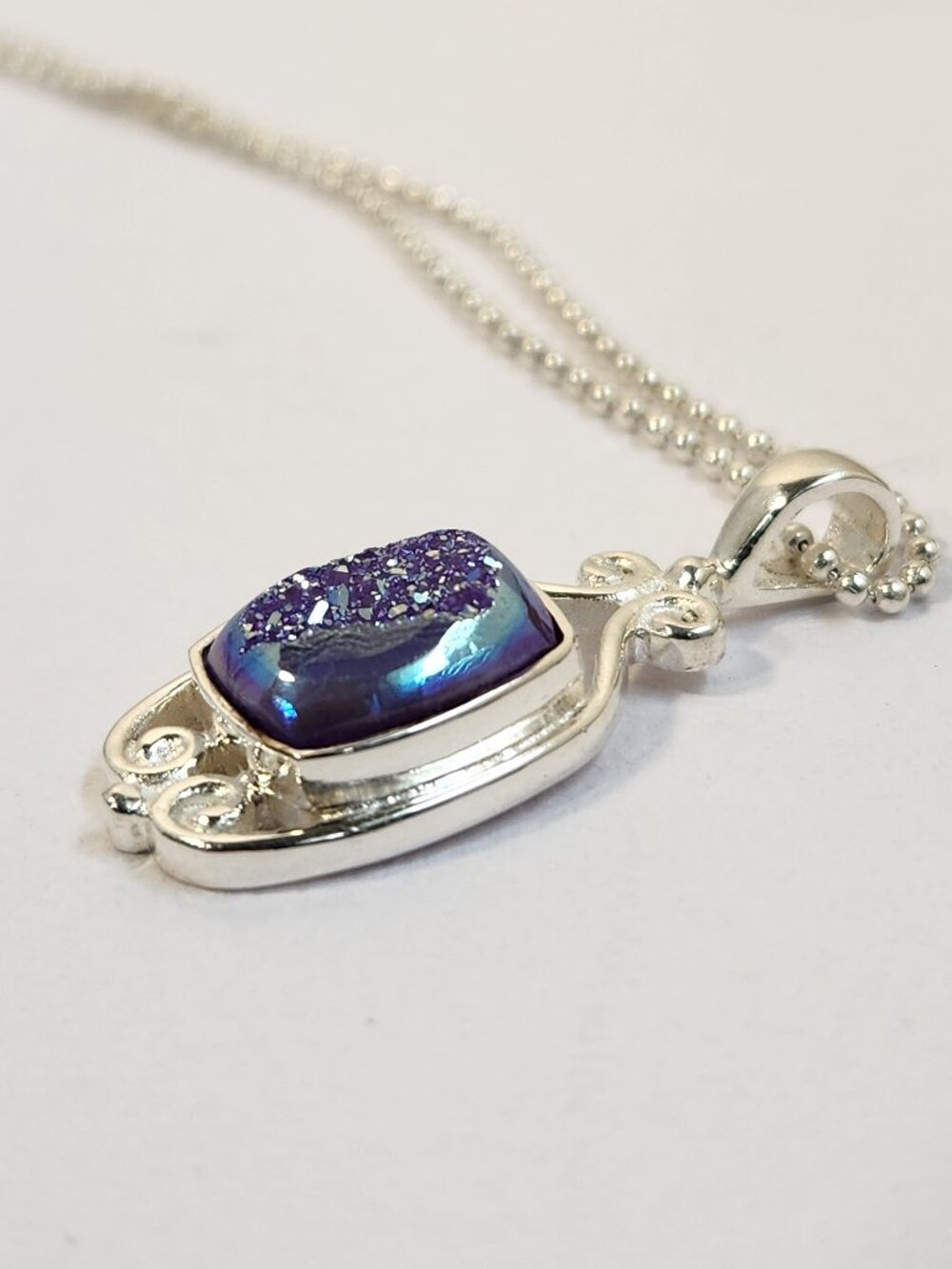 Gorgeous VTG Signed Sajen sterling silver druzy quartz pendant necklace 18"